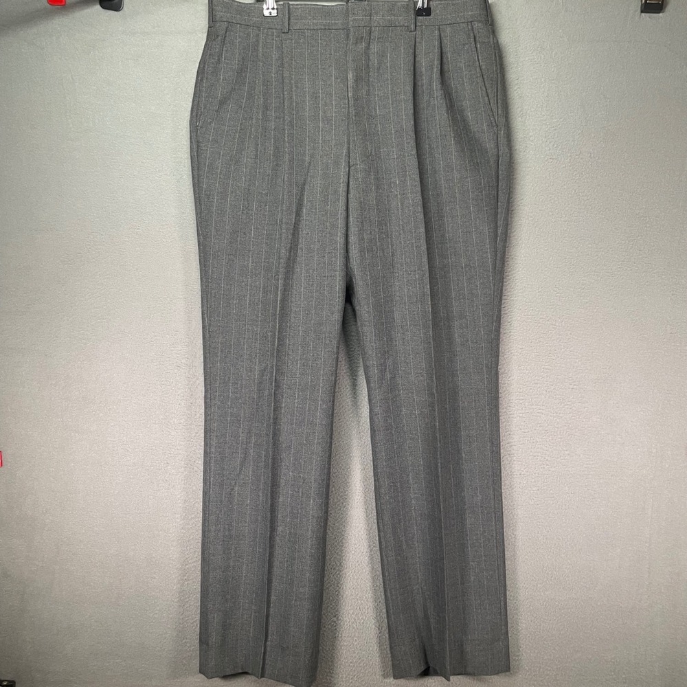 Mens Dress Pants 36x32 Gray Pinstripe‎ Pleated Wool Blend Cuffed Vintage 80s 90s